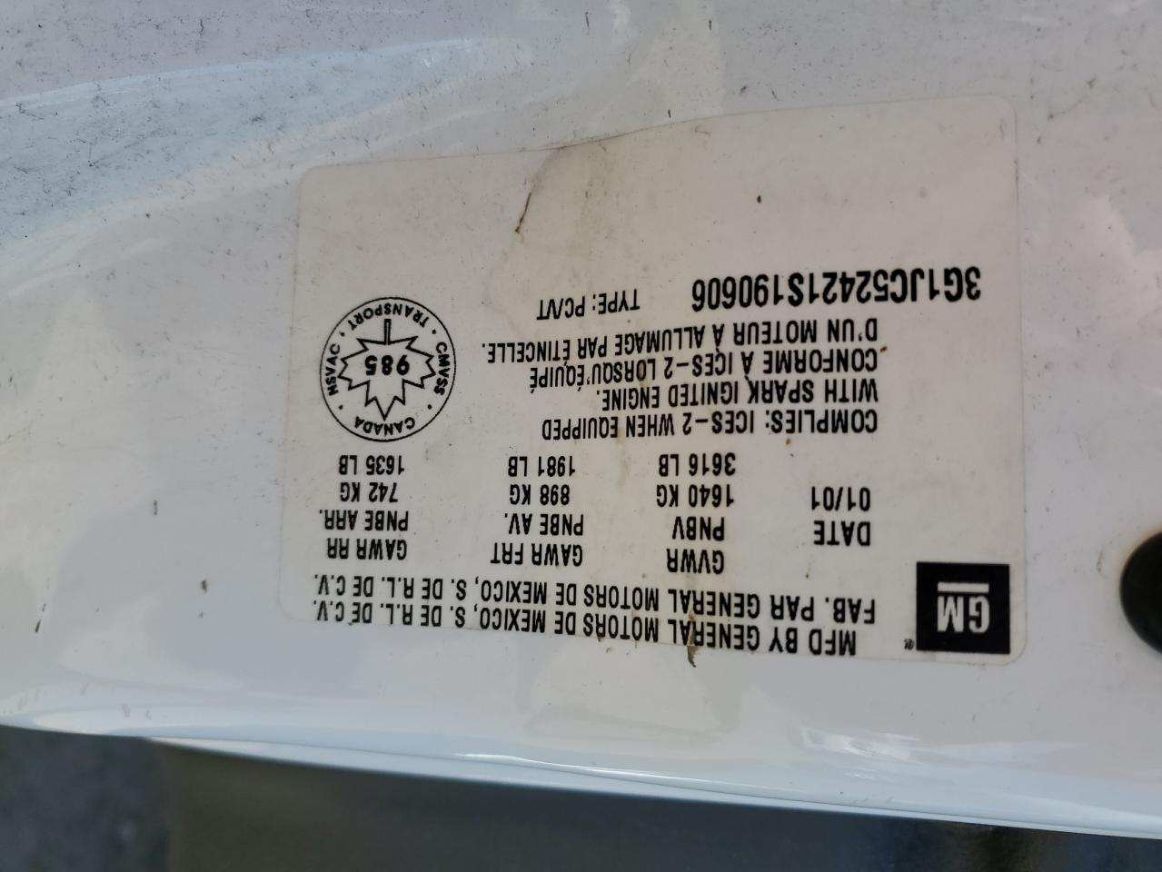 3G1JC52421S190606 2001 Chevrolet Cavalier Base