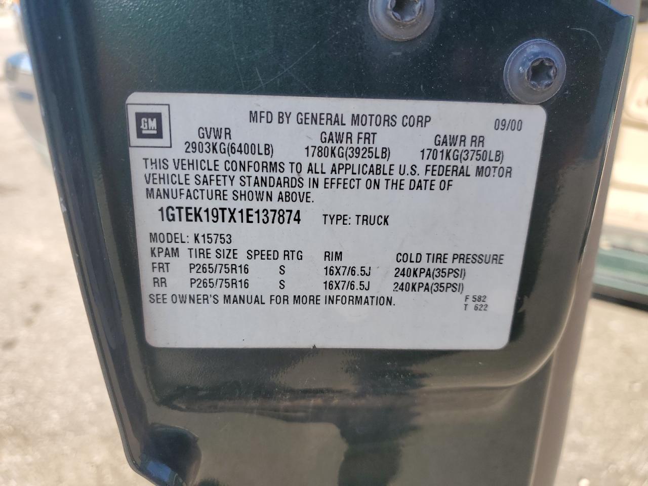 1GTEK19TX1E137874 2001 GMC New Sierra K1500