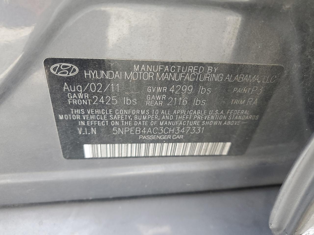 5NPEB4AC3CH347331 2012 Hyundai Sonata Gls