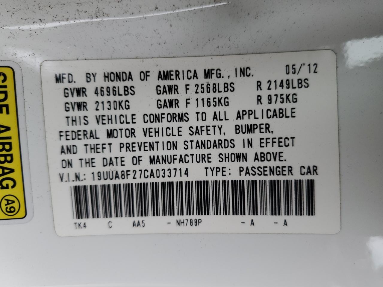 19UUA8F27CA033714 2012 Acura Tl