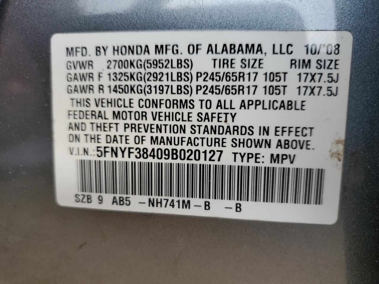 5FNYF38409B020127 2009 Honda Pilot Ex