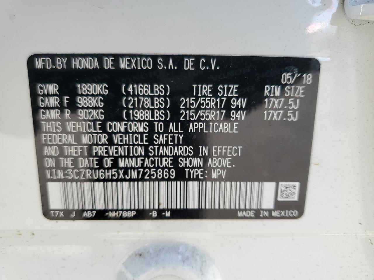 3CZRU6H5XJM725869 2018 Honda Hr-V Ex