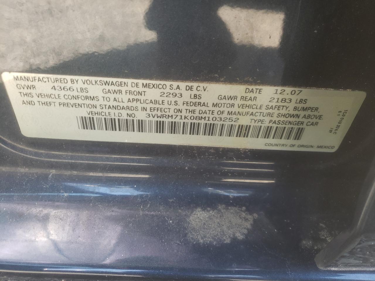 3VWRM71K08M103252 2008 Volkswagen Jetta Se