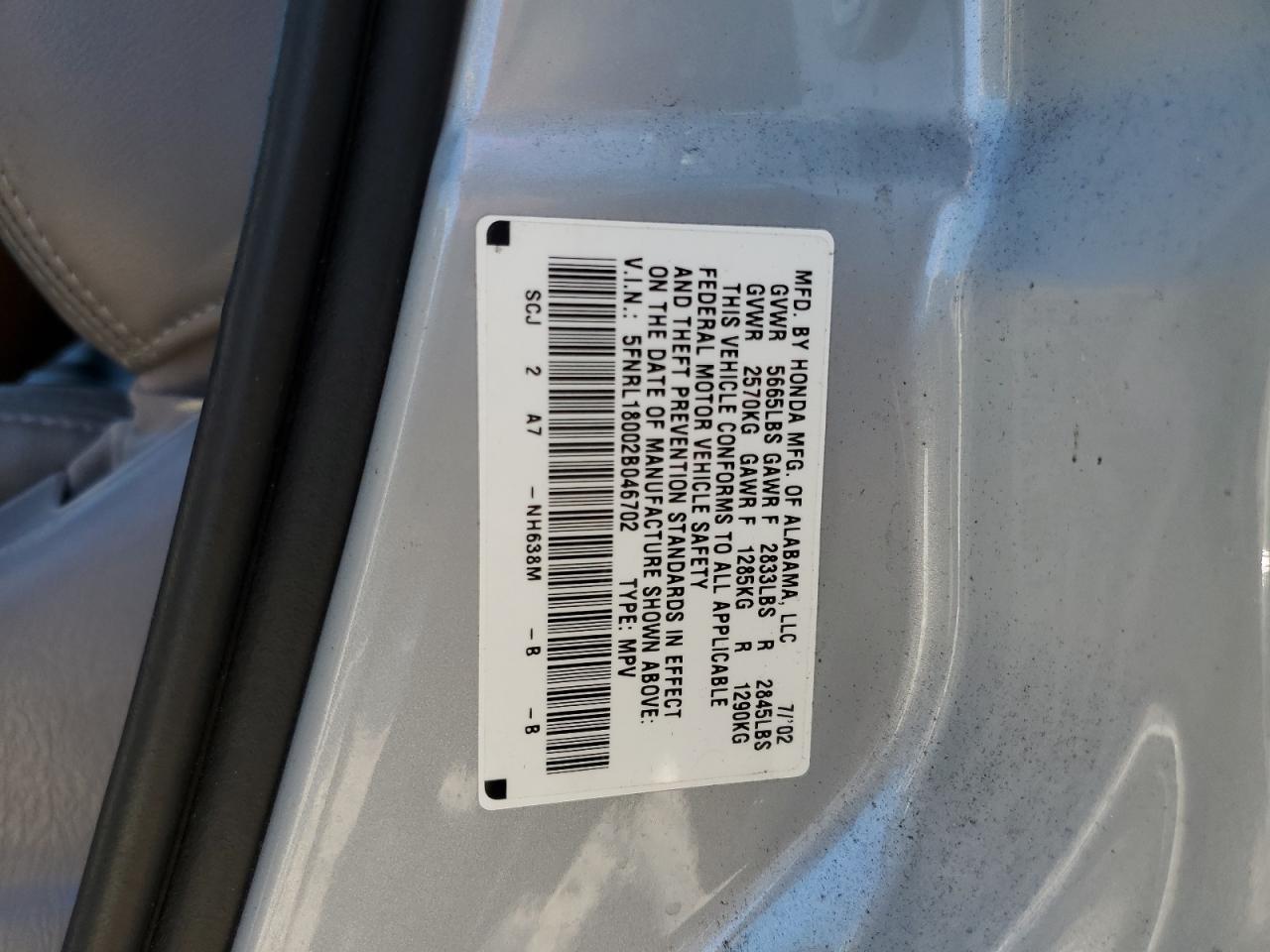 5FNRL18002B046702 2002 Honda Odyssey Exl