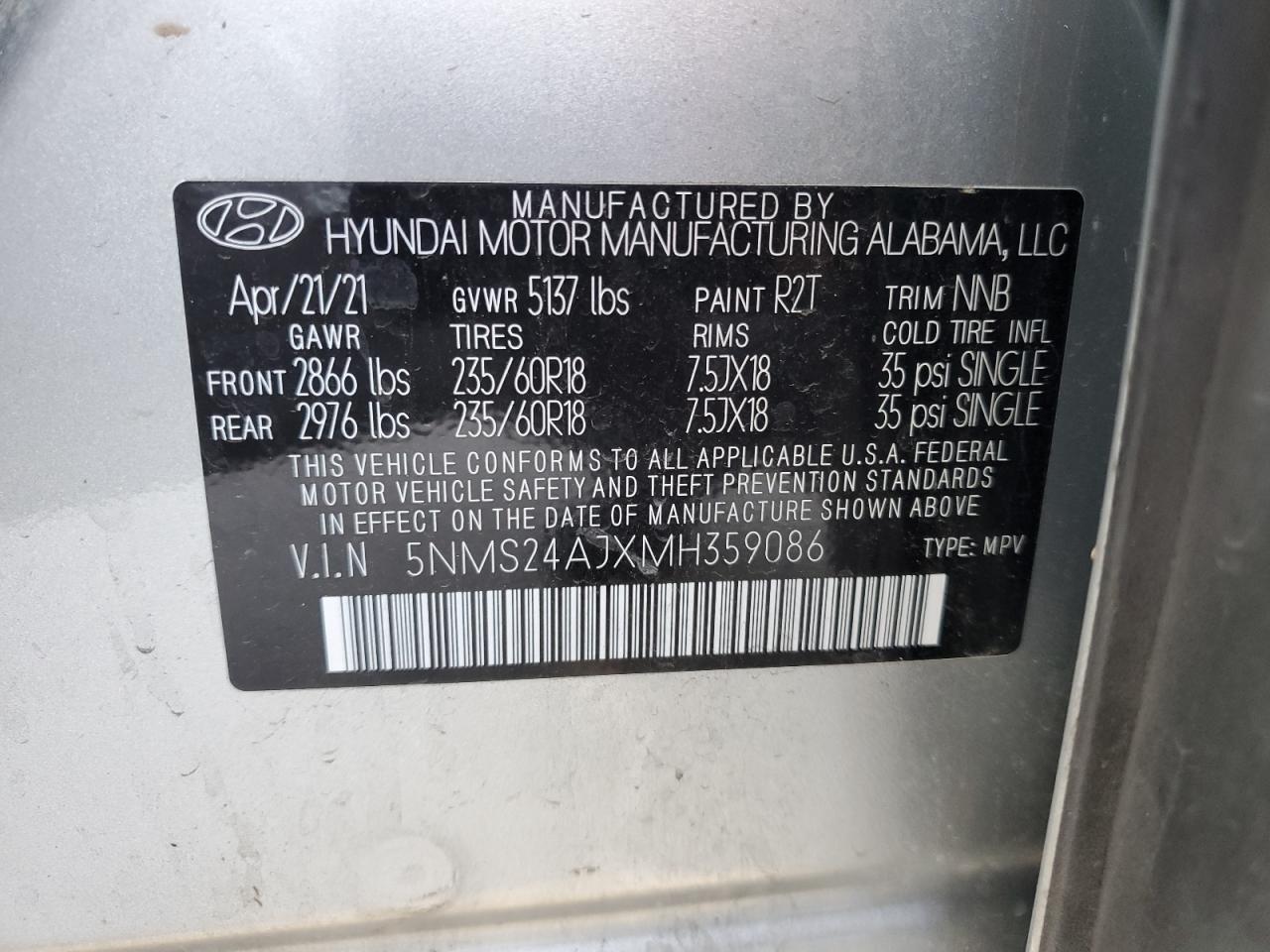 5NMS24AJXMH359086 2021 Hyundai Santa Fe Sel