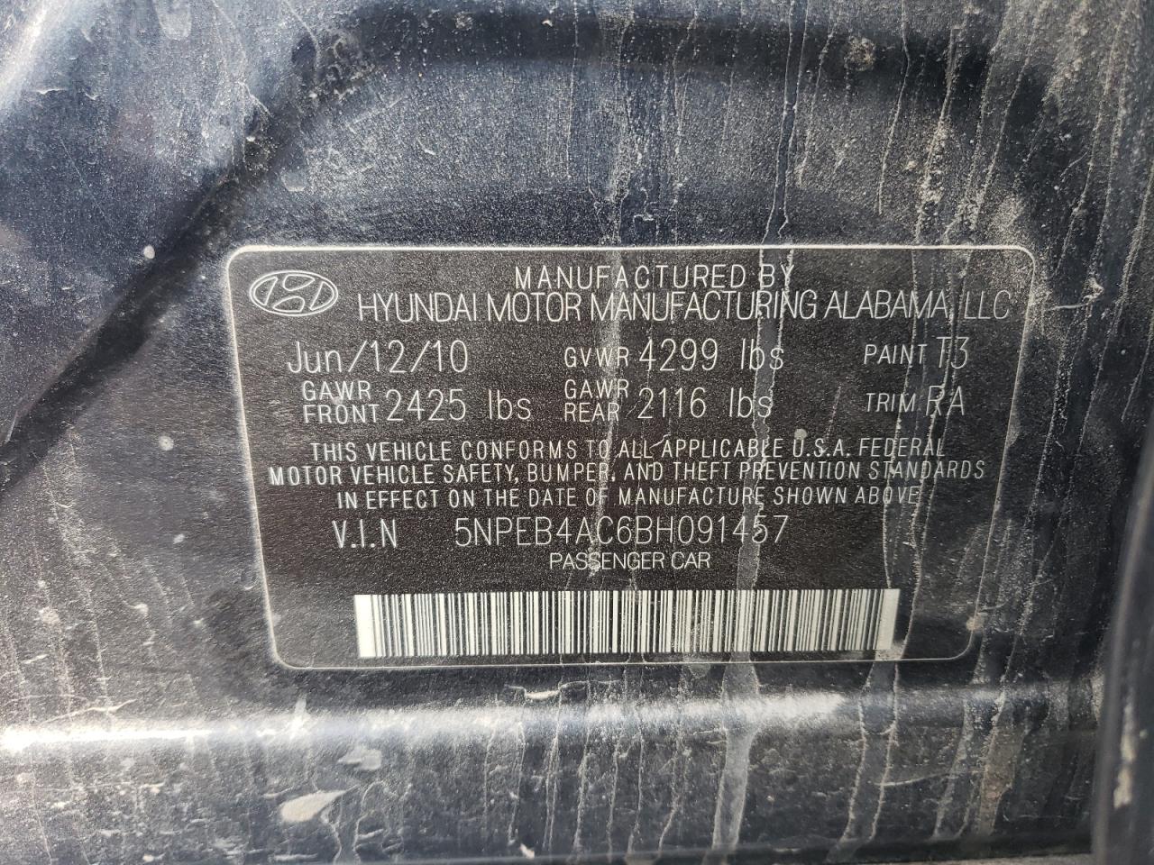 5NPEB4AC6BH091457 2011 Hyundai Sonata Gls