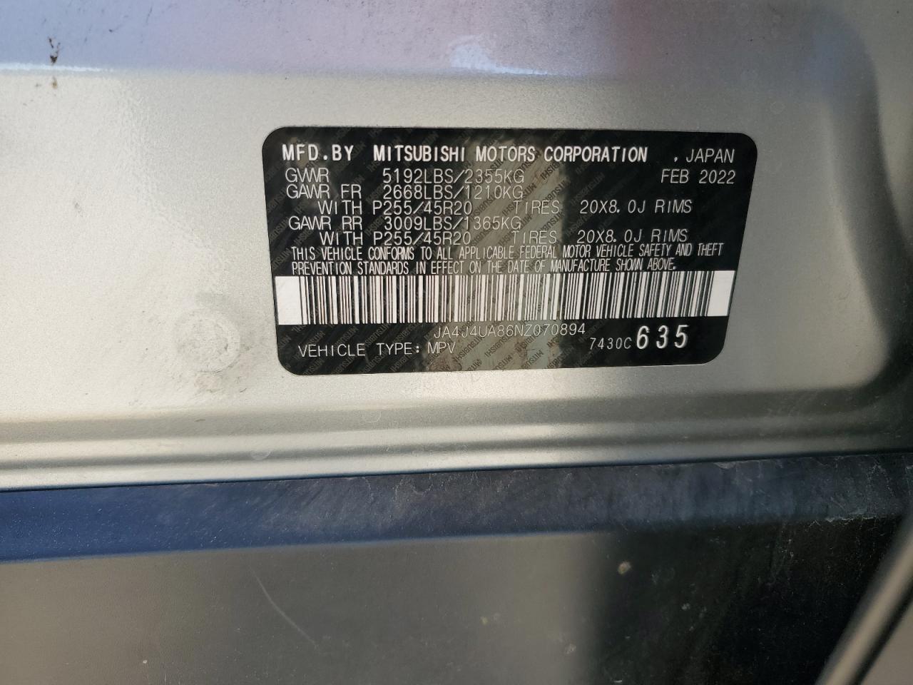 JA4J4UA86NZ070894 2022 Mitsubishi Outlander Se