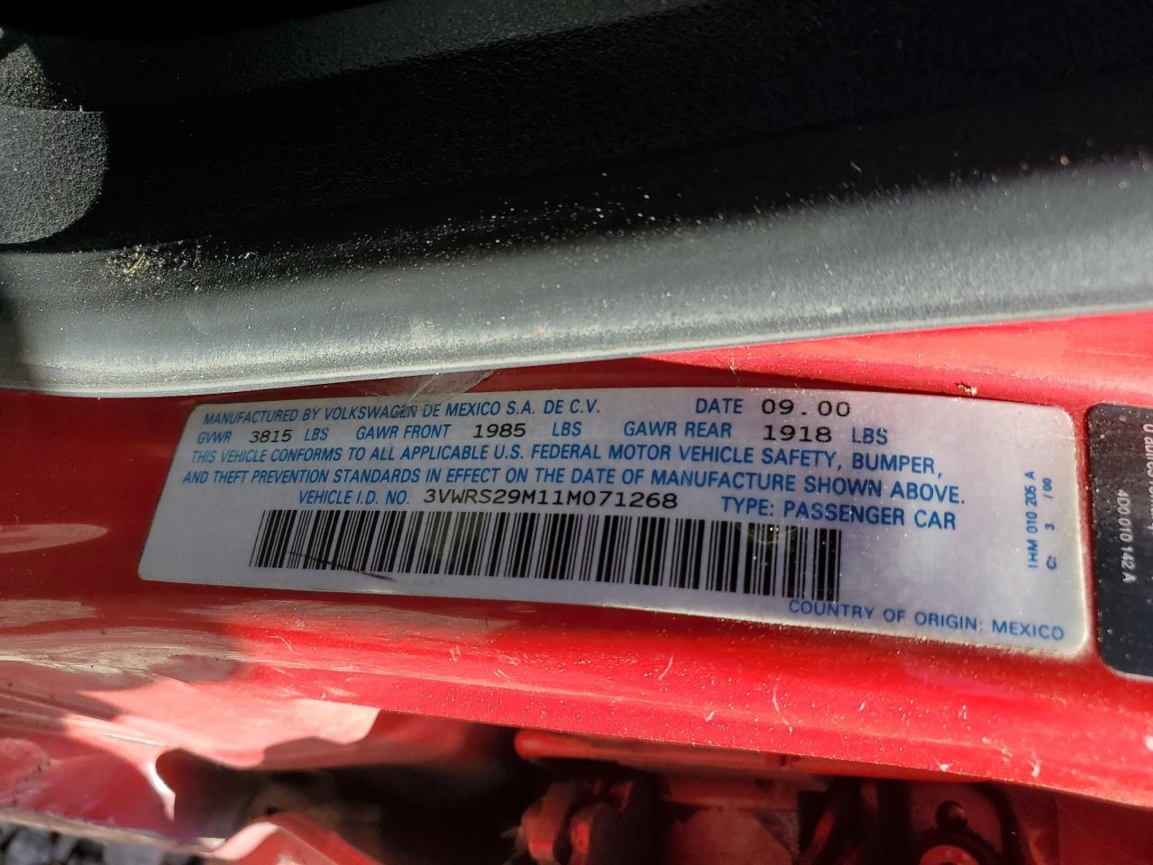 3VWRS29M11M071268 2001 Volkswagen Jetta Gl