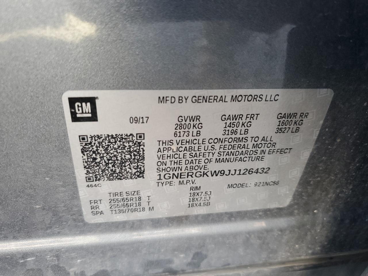 1GNERGKW9JJ126432 2018 Chevrolet Traverse Lt