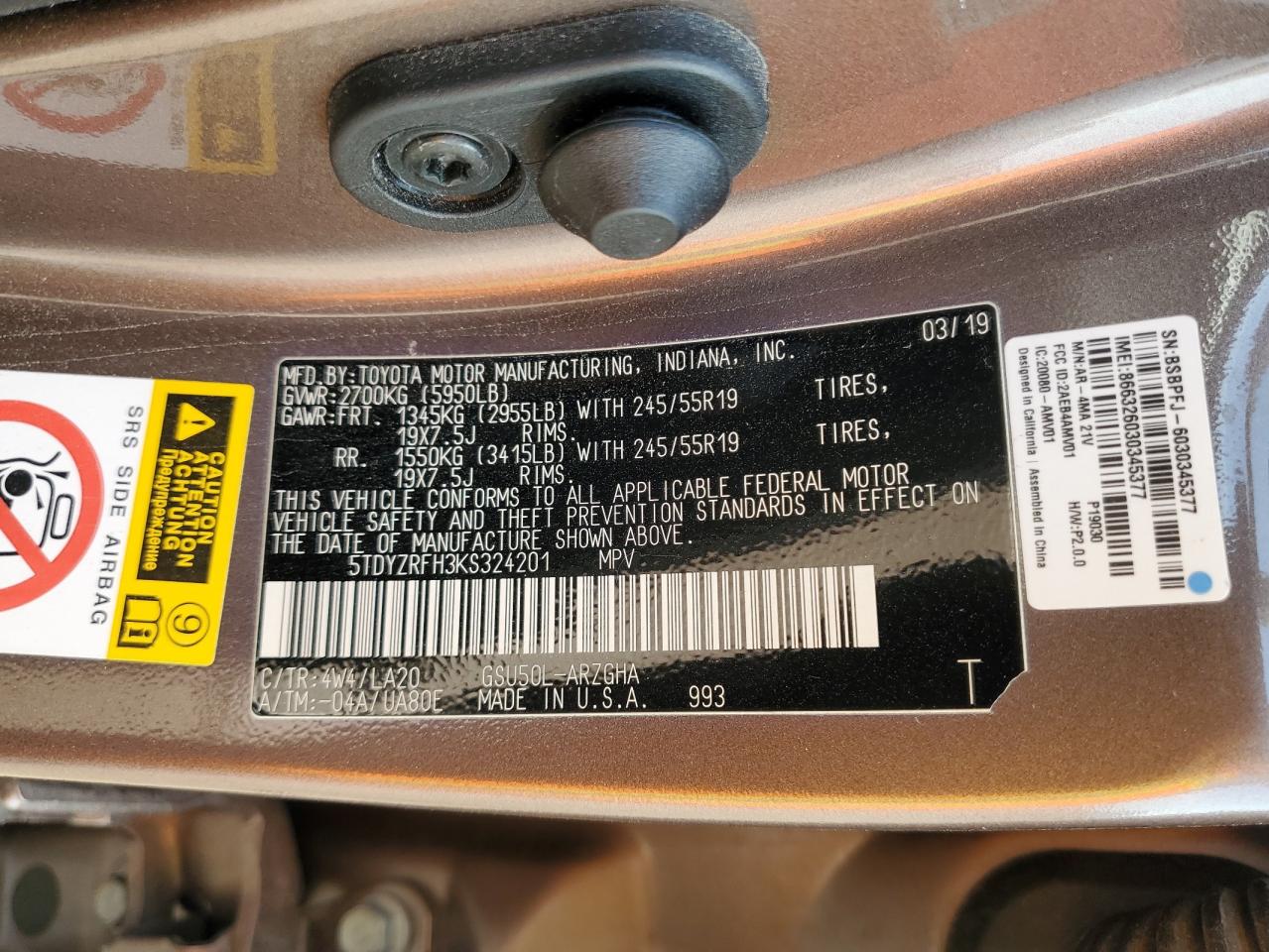 5TDYZRFH3KS324201 2019 Toyota Highlander Limited