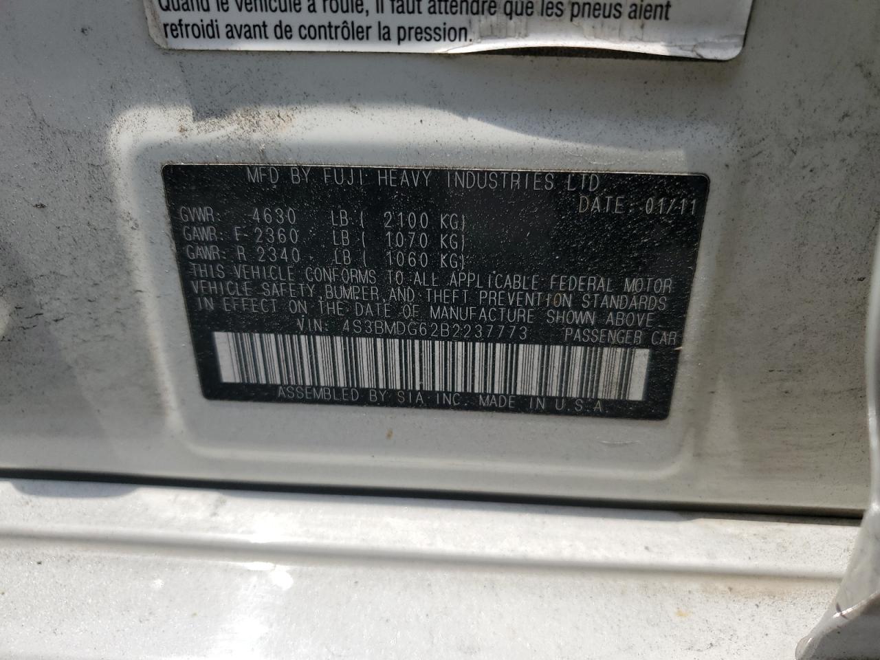 4S3BMDG62B2237773 2011 Subaru Legacy 3.6R Premium