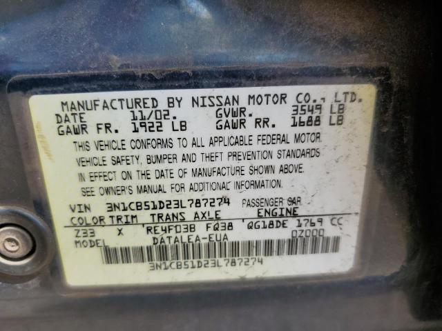 2003 Nissan Sentra Xe VIN: 3N1CB51D23L787274 Lot: 57318364