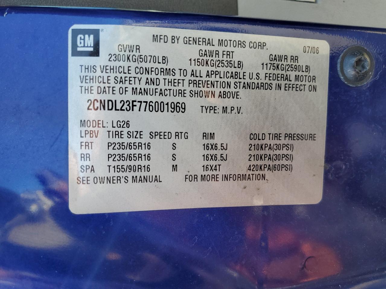 2CNDL23F776001969 2007 Chevrolet Equinox Ls