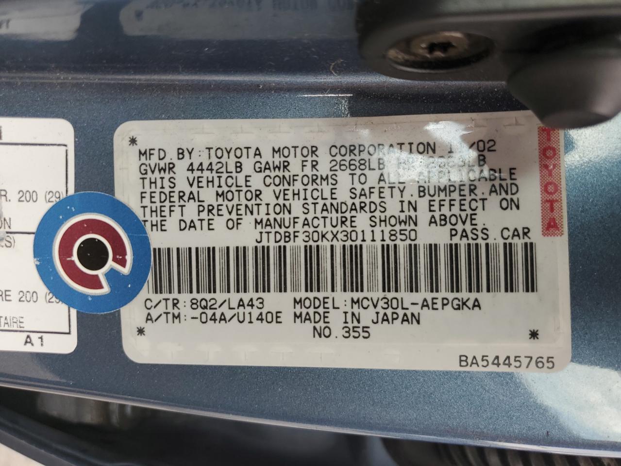 JTDBF30KX30111850 2003 Toyota Camry Le