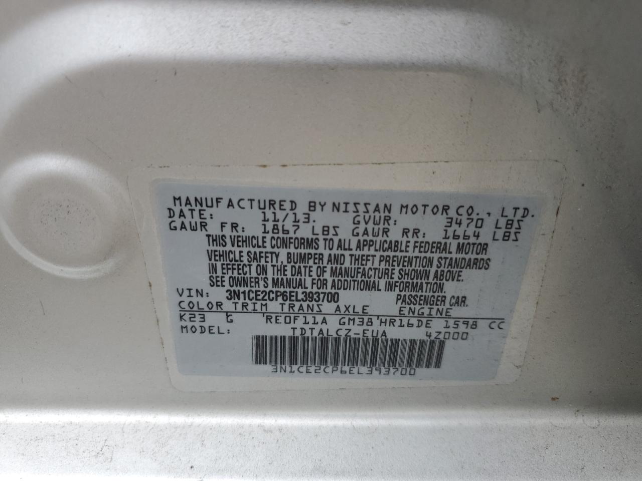 3N1CE2CP6EL393700 2014 Nissan Versa Note S