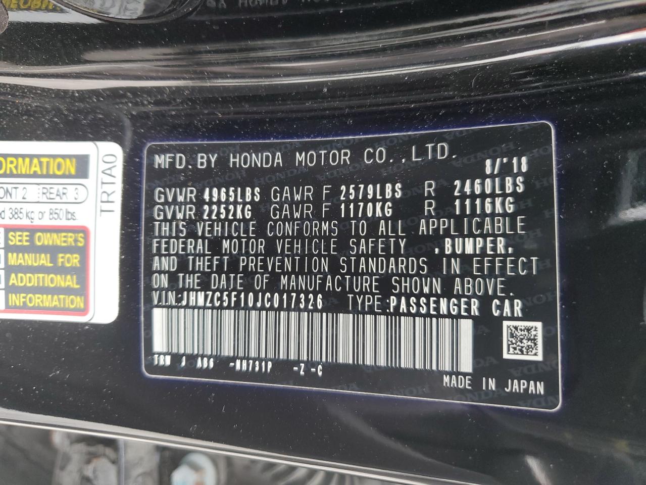 JHMZC5F10JC017326 2018 Honda Clarity