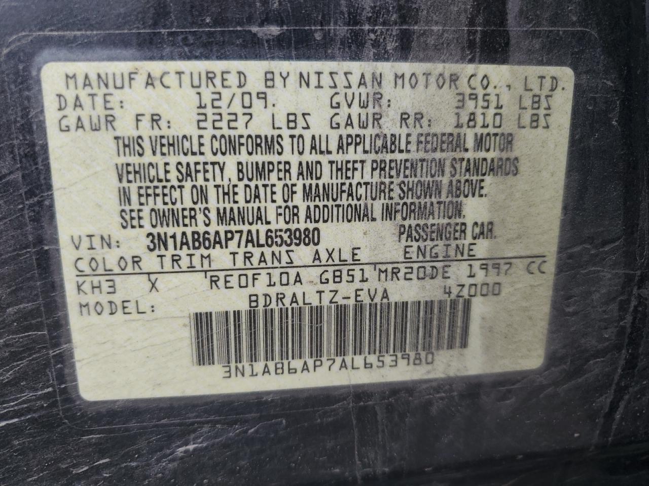 3N1AB6AP7AL653980 2010 Nissan Sentra 2.0