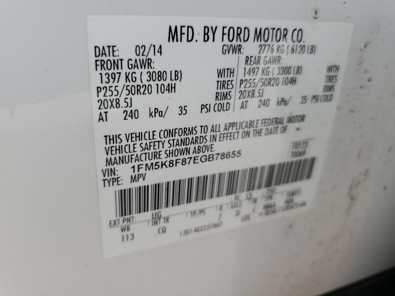 1FM5K8F87EGB78655 2014 Ford Explorer Limited