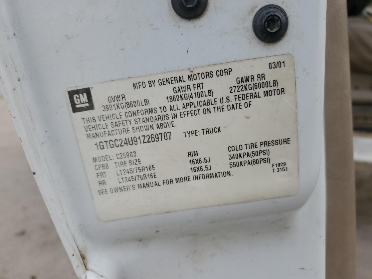 1GTGC24U91Z269707 2001 GMC New Sierra C2500