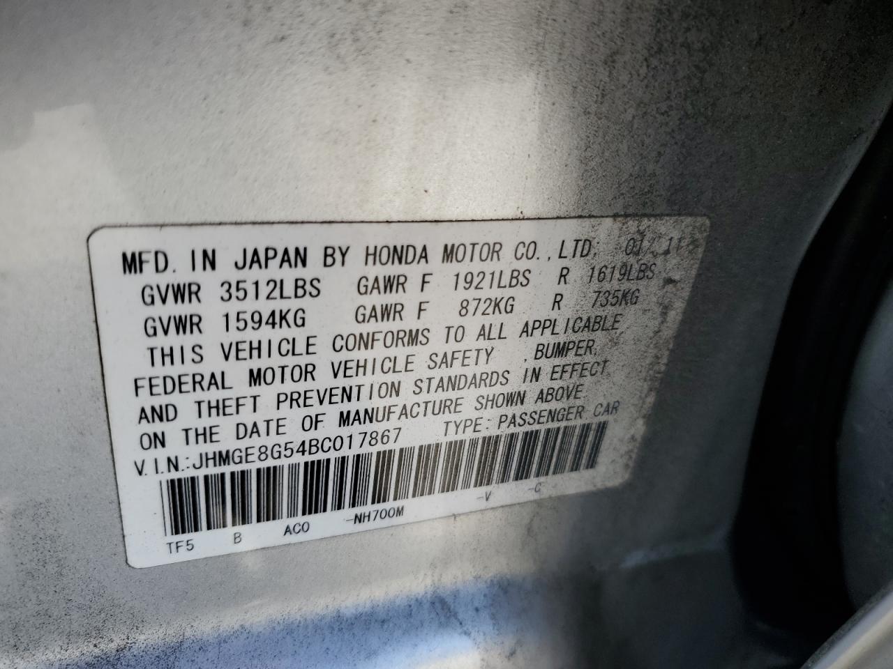 JHMGE8G54BC017867 2011 Honda Fit Sport