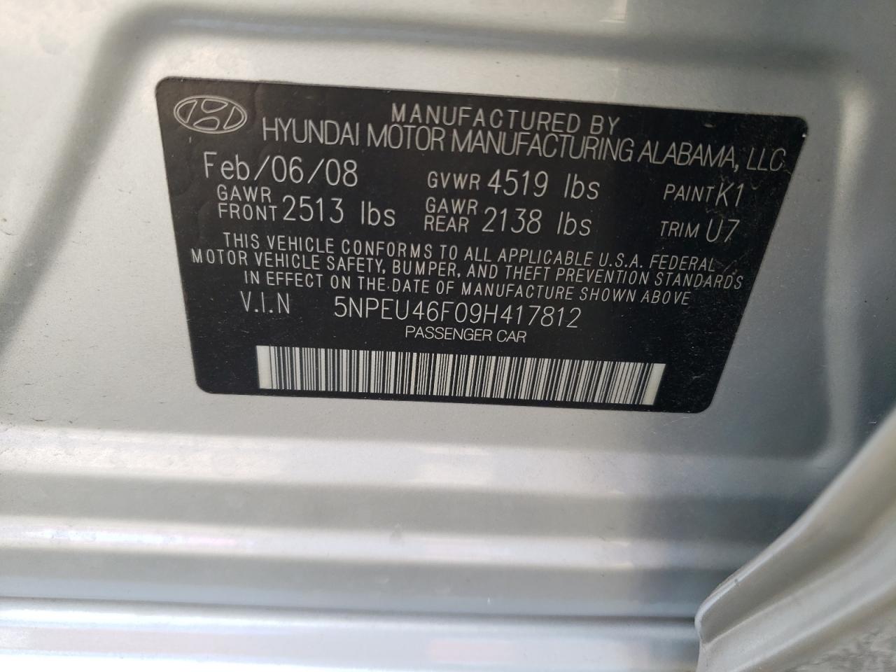 5NPEU46F09H417812 2009 Hyundai Sonata Se