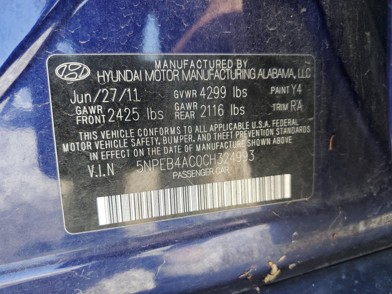 5NPEB4AC0CH324993 2012 Hyundai Sonata Gls