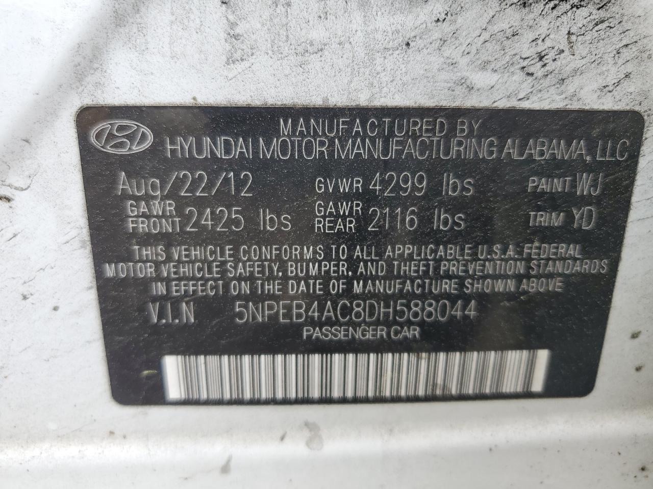 5NPEB4AC8DH588044 2013 Hyundai Sonata Gls