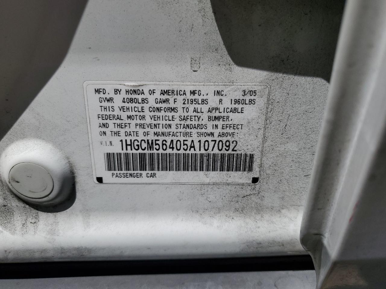 1HGCM56405A107092 2005 Honda Accord Lx