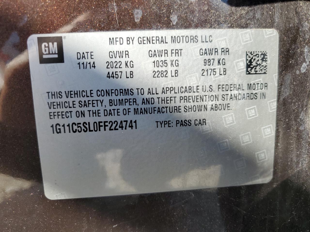 1G11C5SL0FF224741 2015 Chevrolet Malibu 1Lt