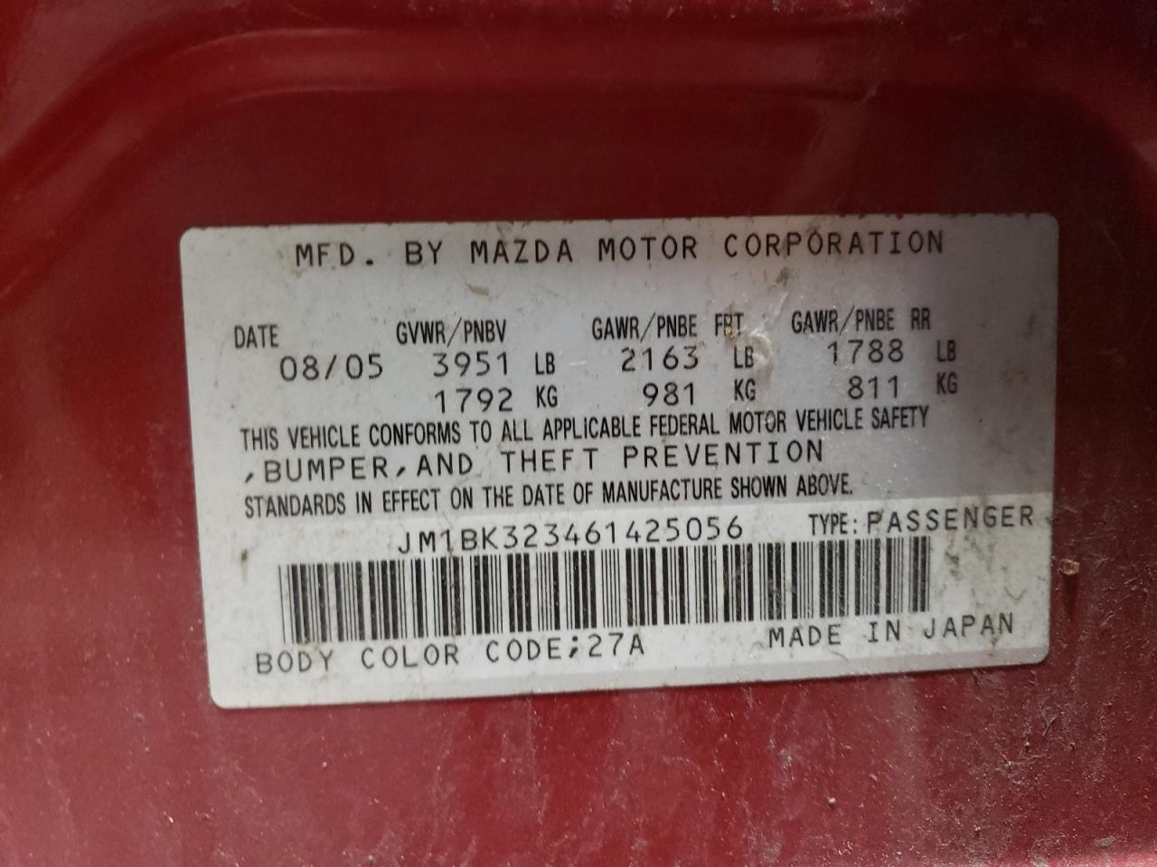 JM1BK323461425056 2006 Mazda 3 S