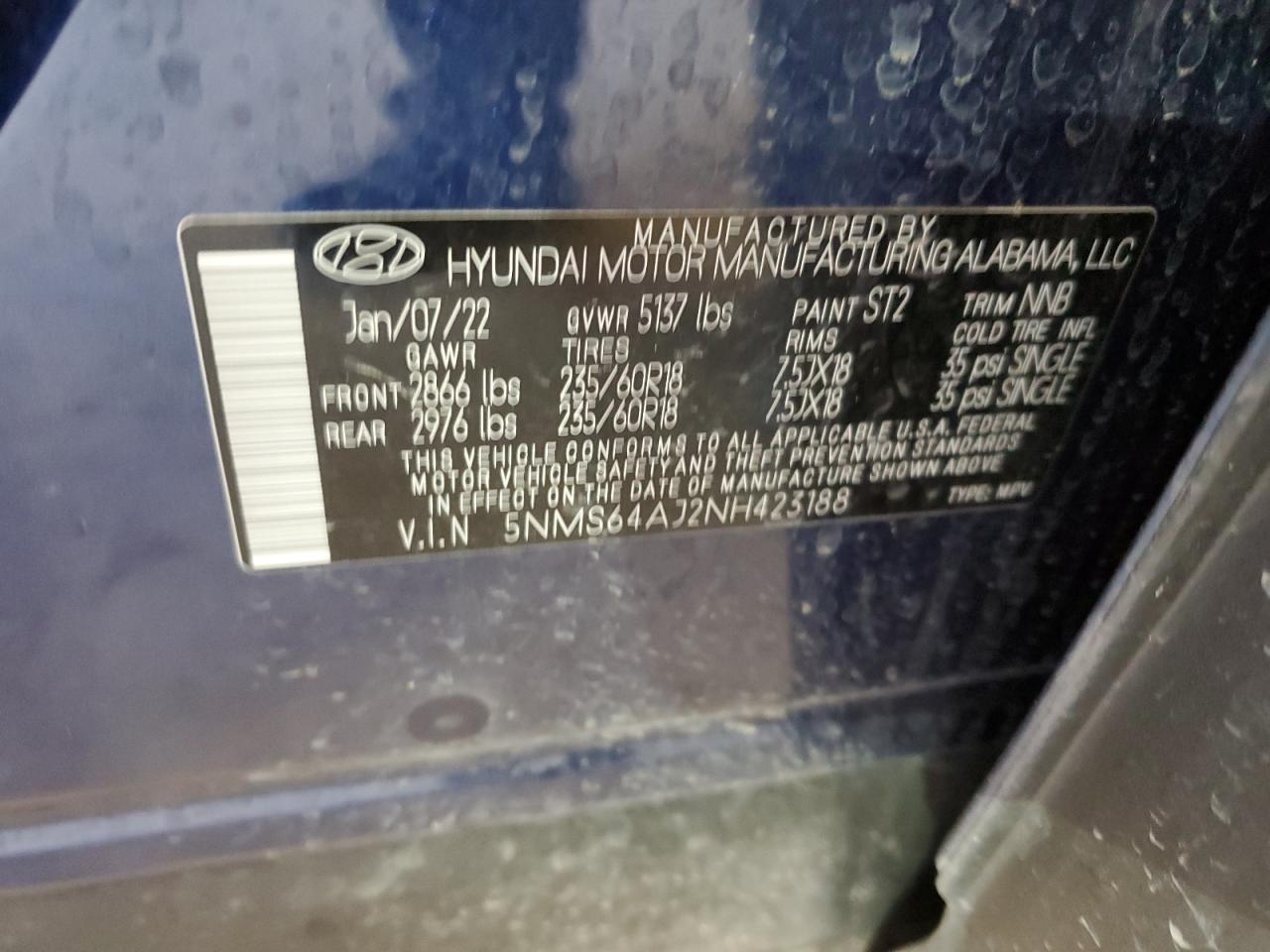 5NMS64AJ2NH423188 2022 Hyundai Santa Fe Sel