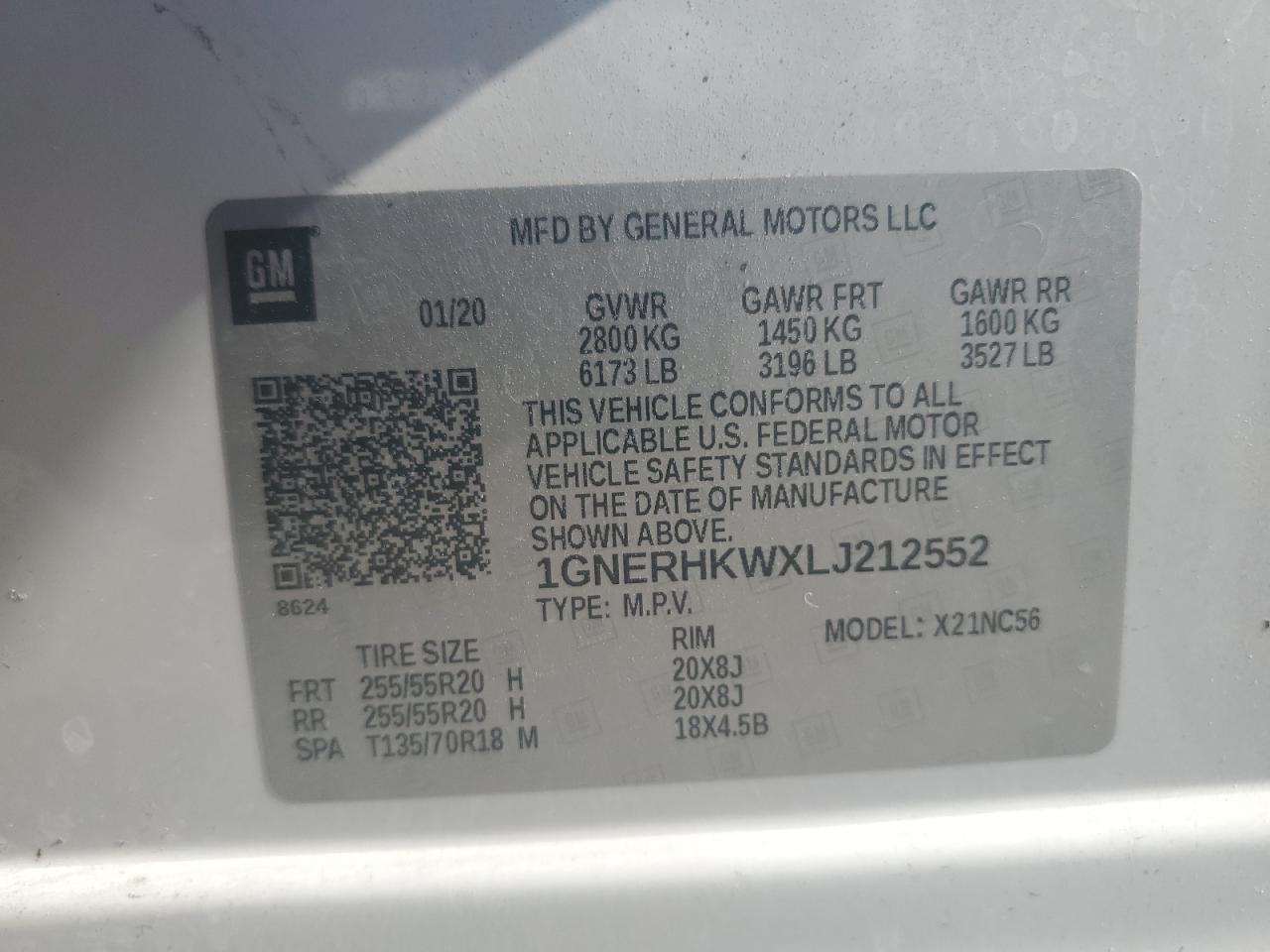 1GNERHKWXLJ212552 2020 Chevrolet Traverse Lt