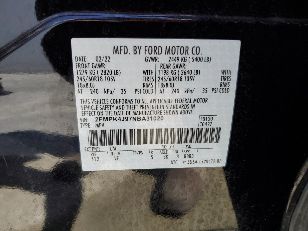 2FMPK4J97NBA31020 2022 Ford Edge Sel