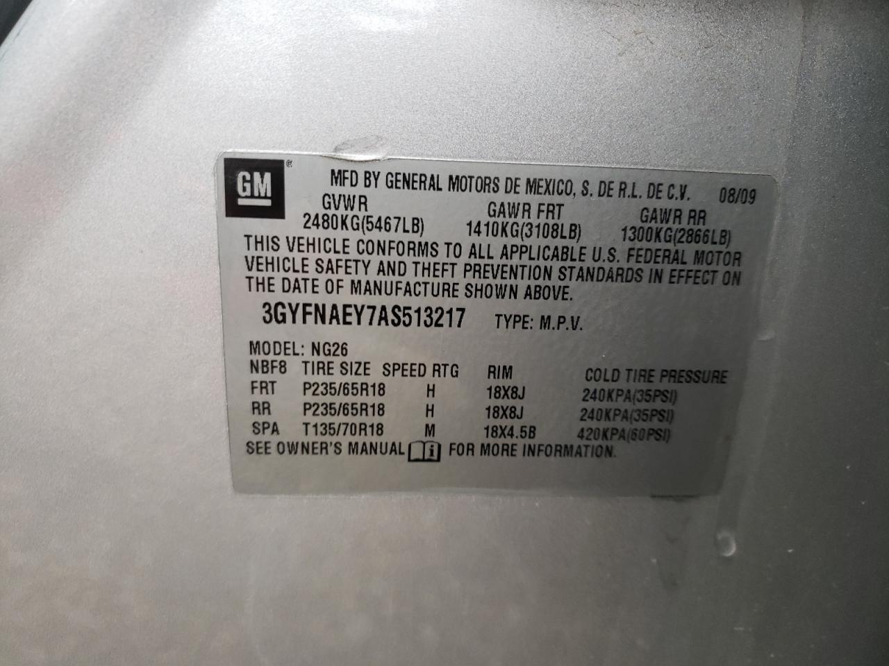 3GYFNAEY7AS513217 2010 Cadillac Srx Luxury Collection