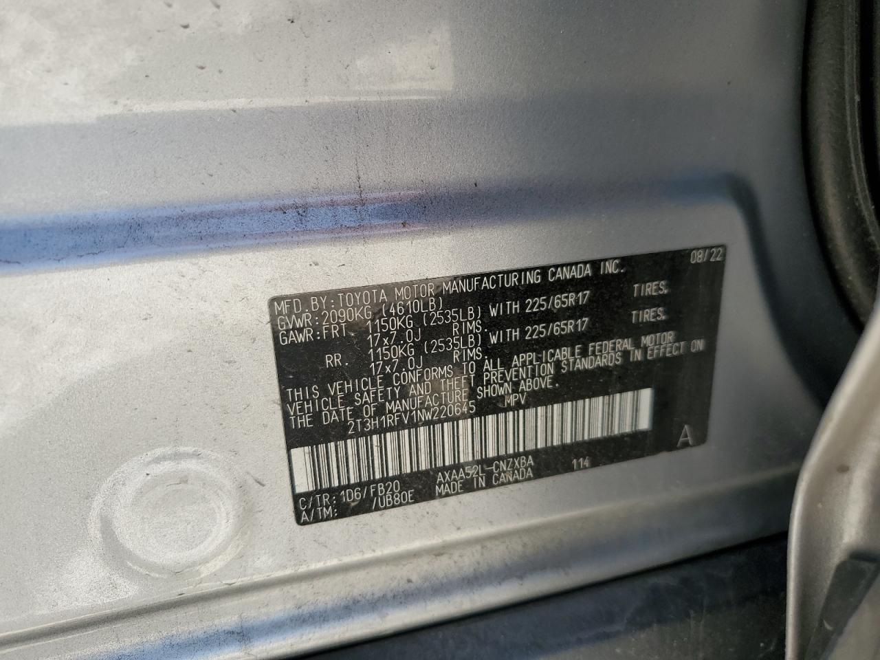 2T3H1RFV1NW220645 2022 Toyota Rav4 Le