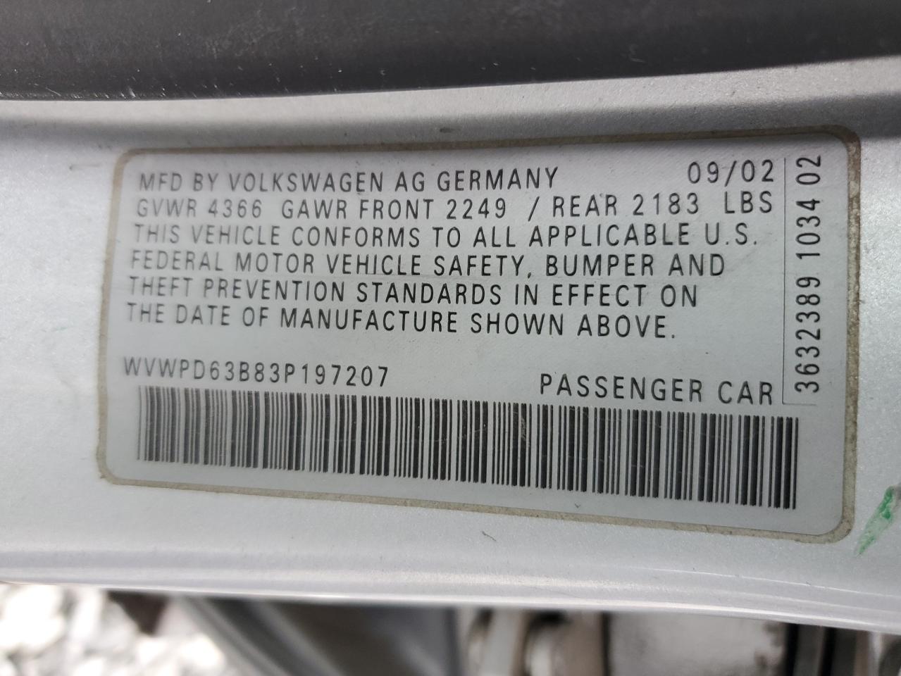 WVWPD63B83P197207 2003 Volkswagen Passat Gls
