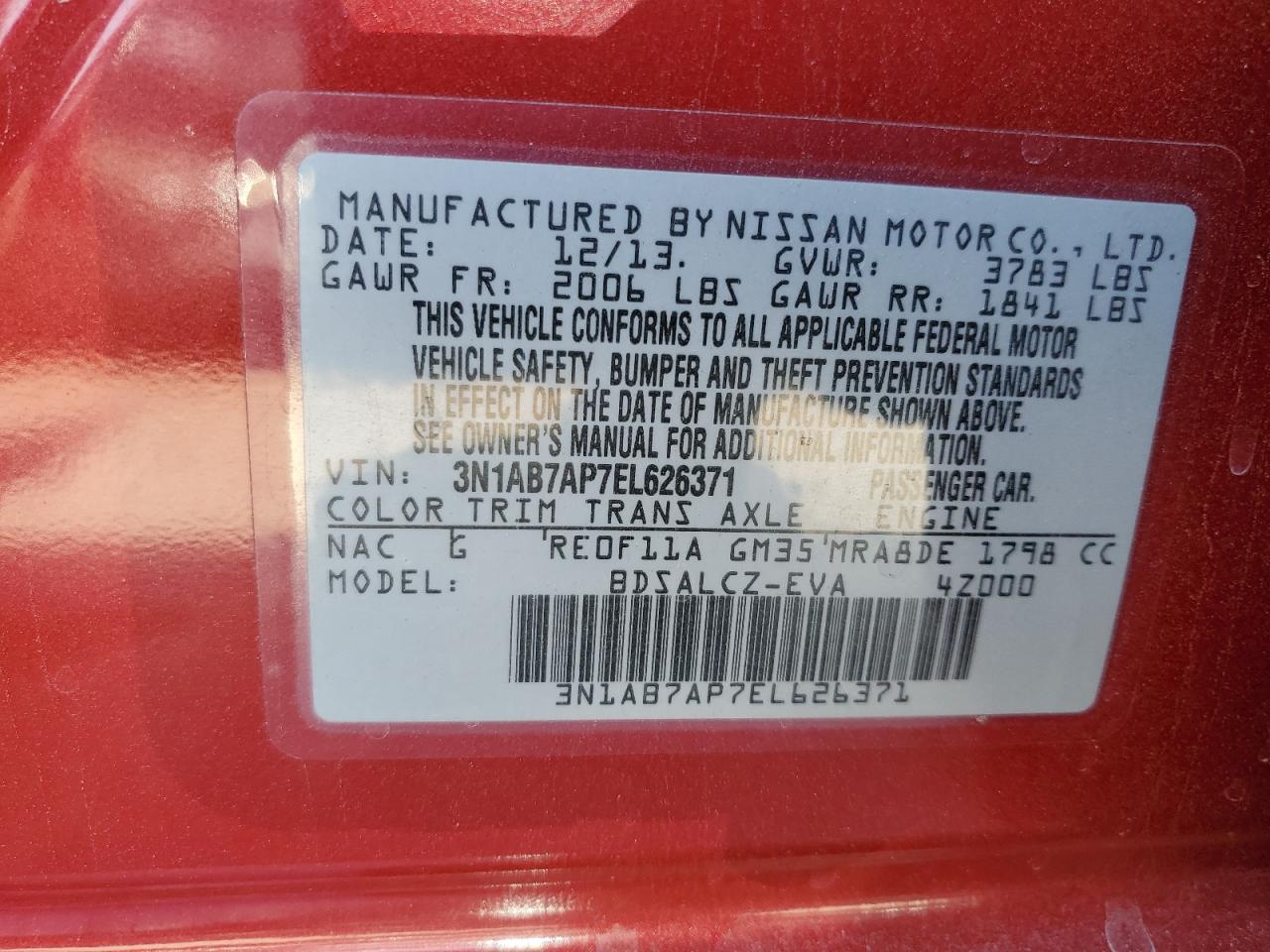 3N1AB7AP7EL626371 2014 Nissan Sentra S