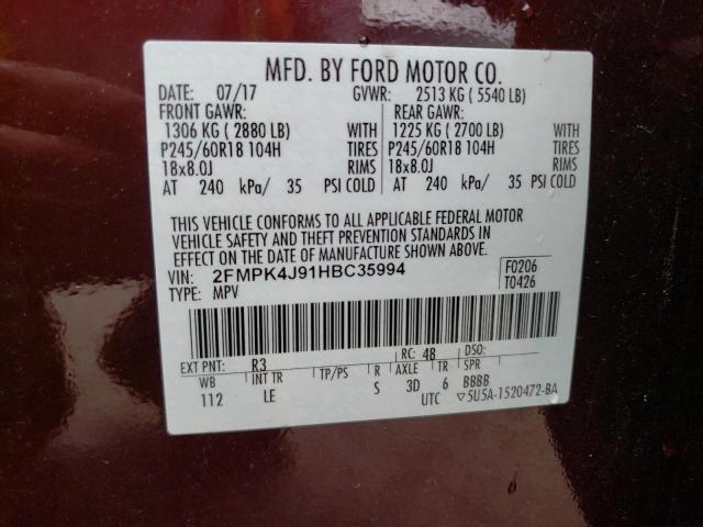 2017 Ford Edge Sel VIN: 2FMPK4J91HBC35994 Lot: 59147374