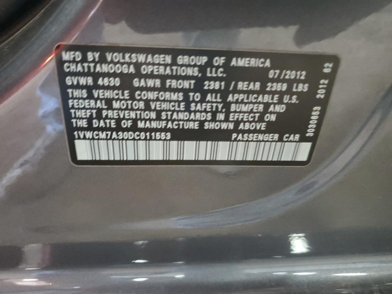 1VWCM7A30DC011553 2013 Volkswagen Passat Sel