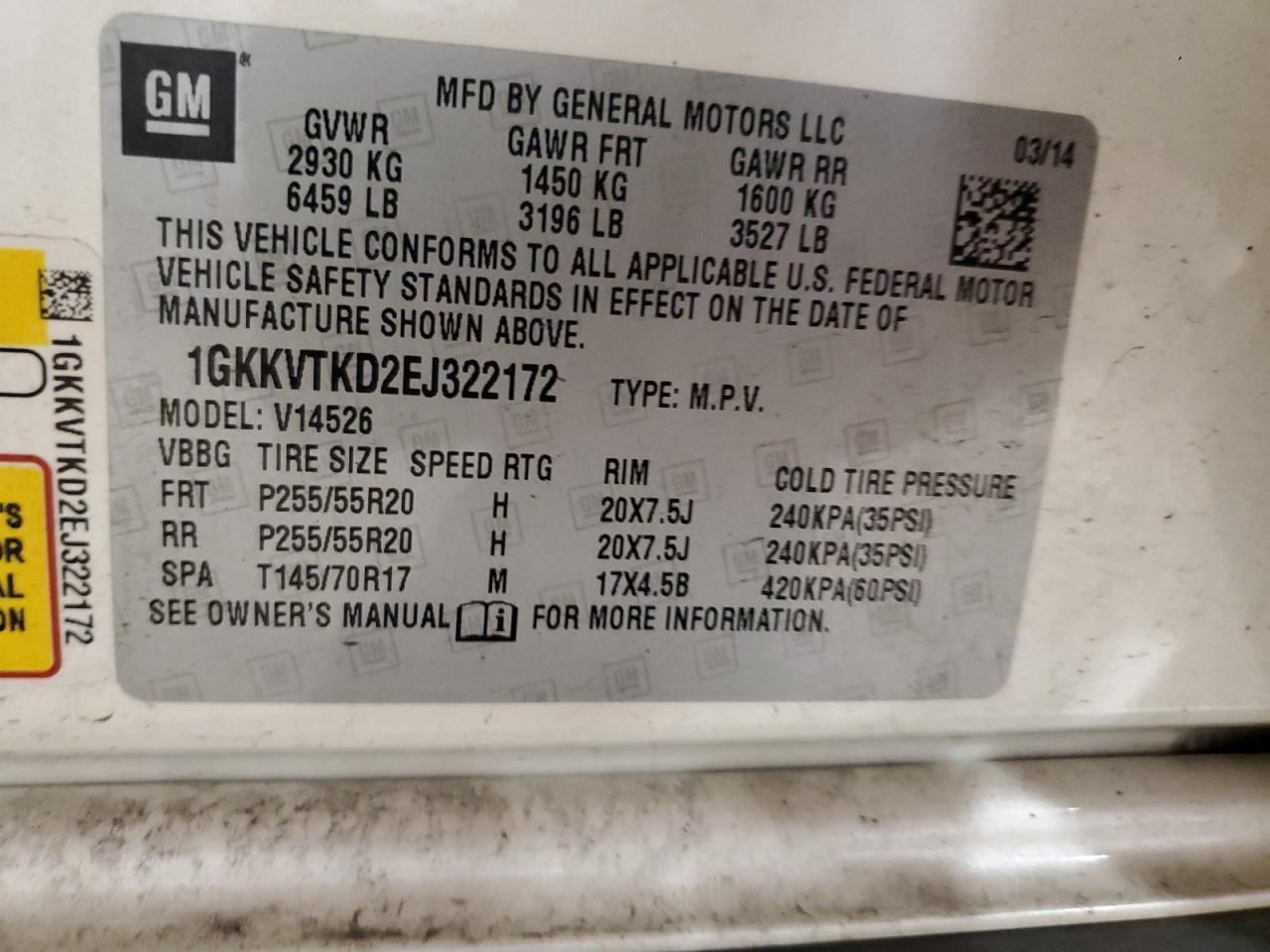 1GKKVTKD2EJ322172 2014 GMC Acadia Denali