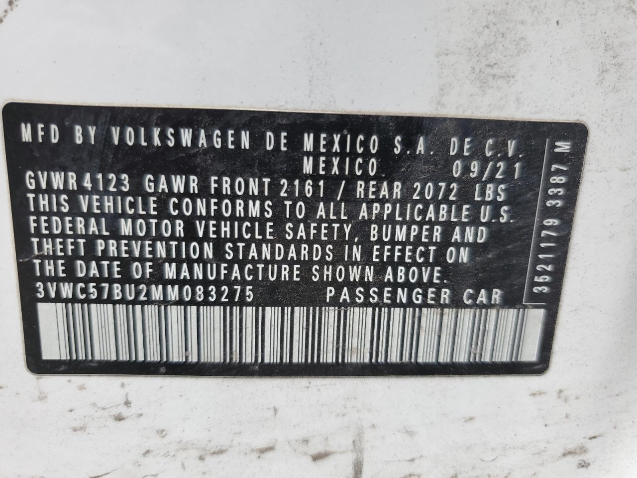 3VWC57BU2MM083275 2021 Volkswagen Jetta S