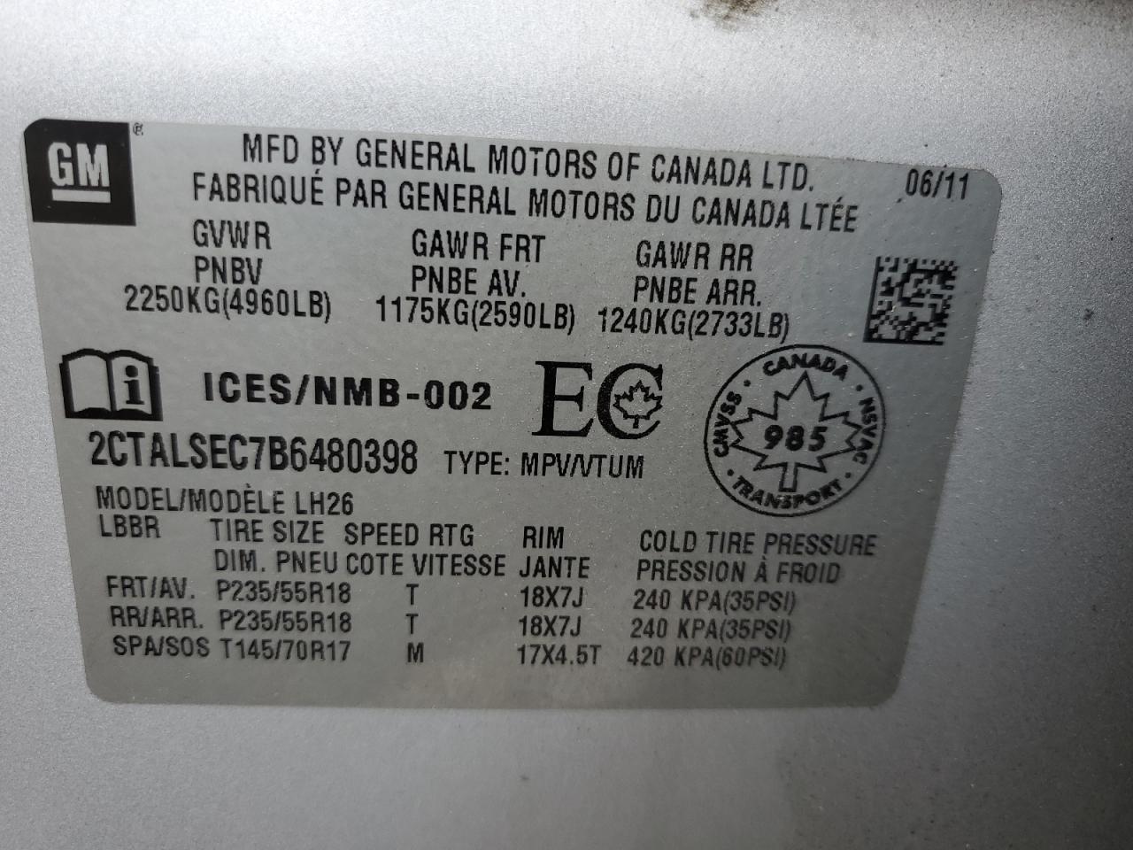 2CTALSEC7B6480398 2011 GMC Terrain Sle