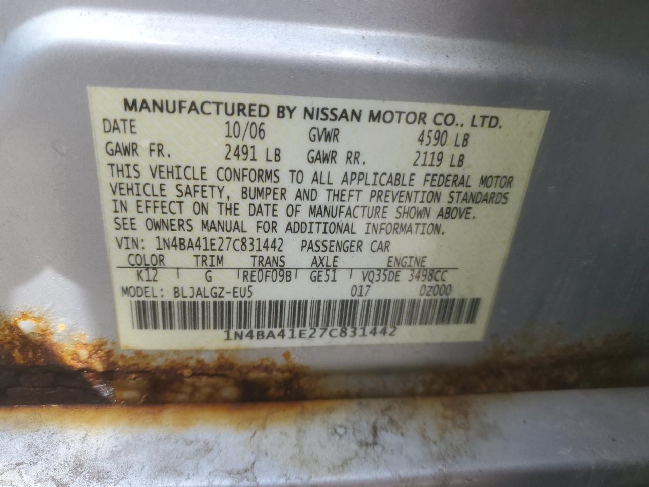 1N4BA41E27C831442 2007 Nissan Maxima Se