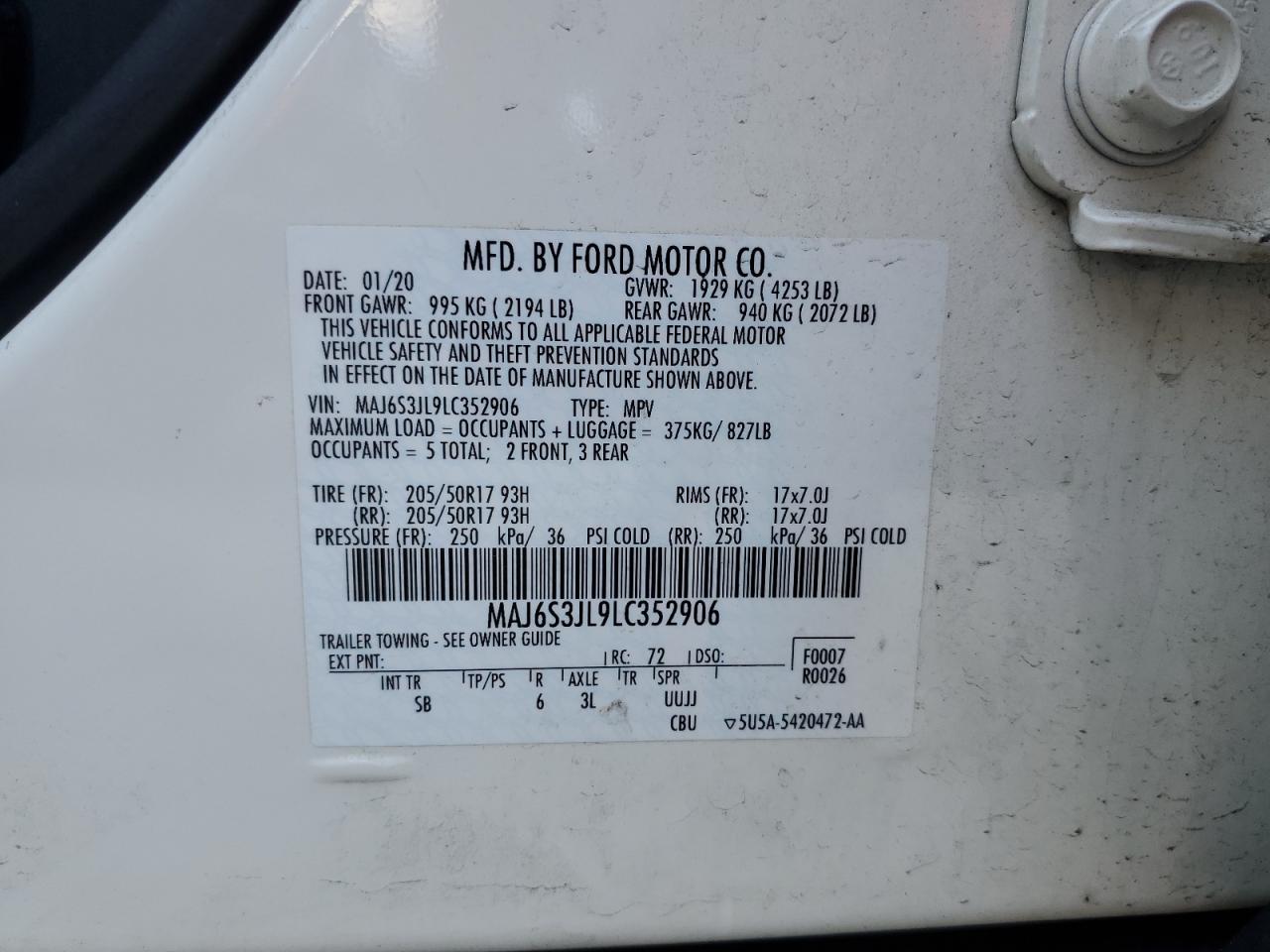 MAJ6S3JL9LC352906 2020 Ford Ecosport Ses