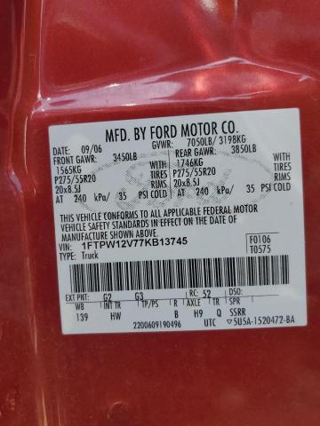 2007 Ford F150 Supercrew VIN: 1FTPW12V77KB13745 Lot: 57482744