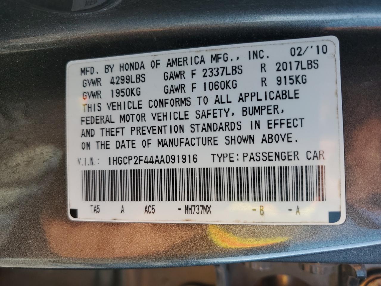 1HGCP2F44AA091916 2010 Honda Accord Lxp