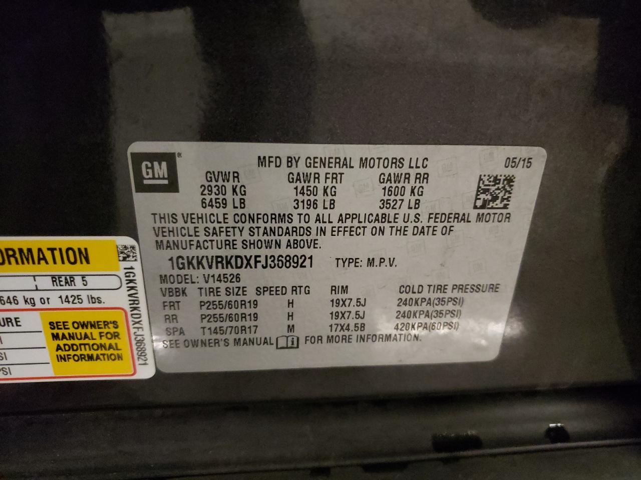 1GKKVRKDXFJ368921 2015 GMC Acadia Slt-1