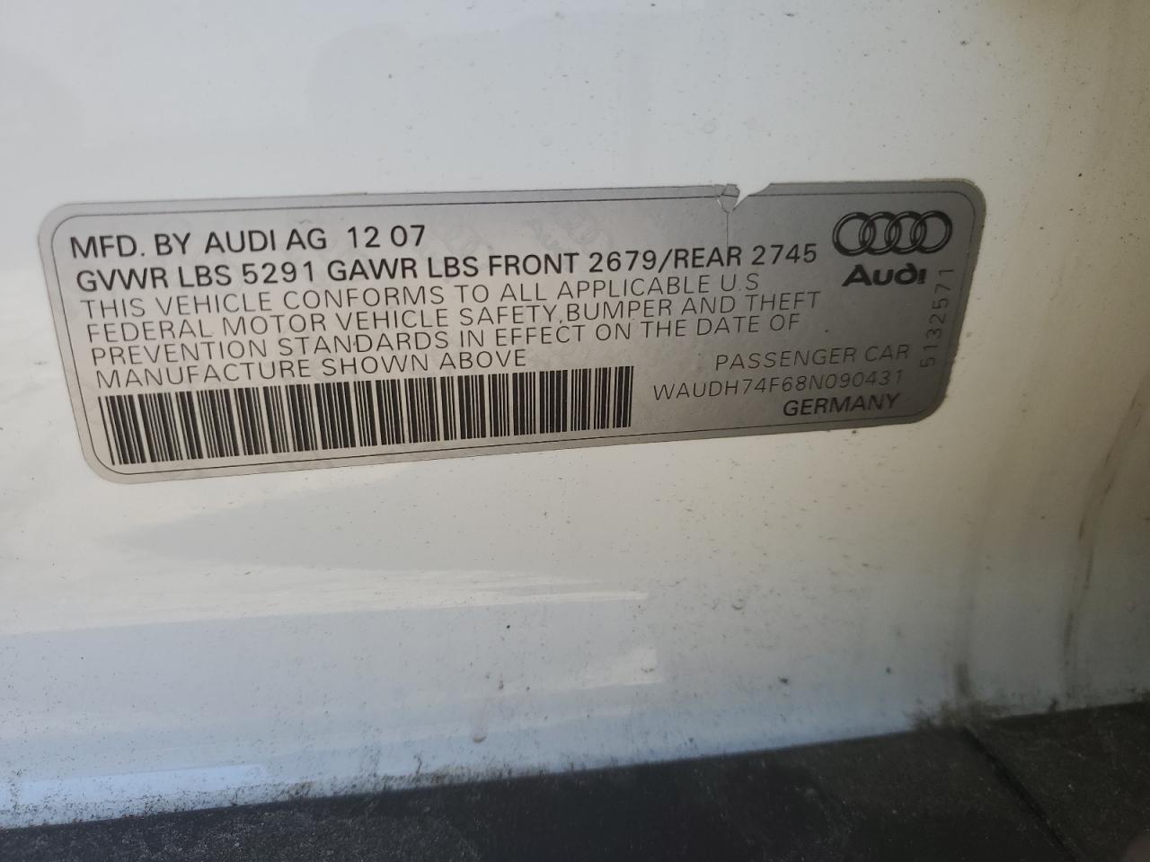 WAUDH74F68N090431 2008 Audi A6 3.2 Quattro