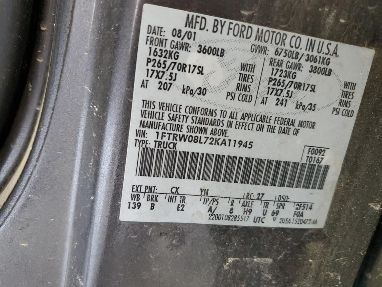 1FTRW08L72KA11945 2002 Ford F150 Supercrew