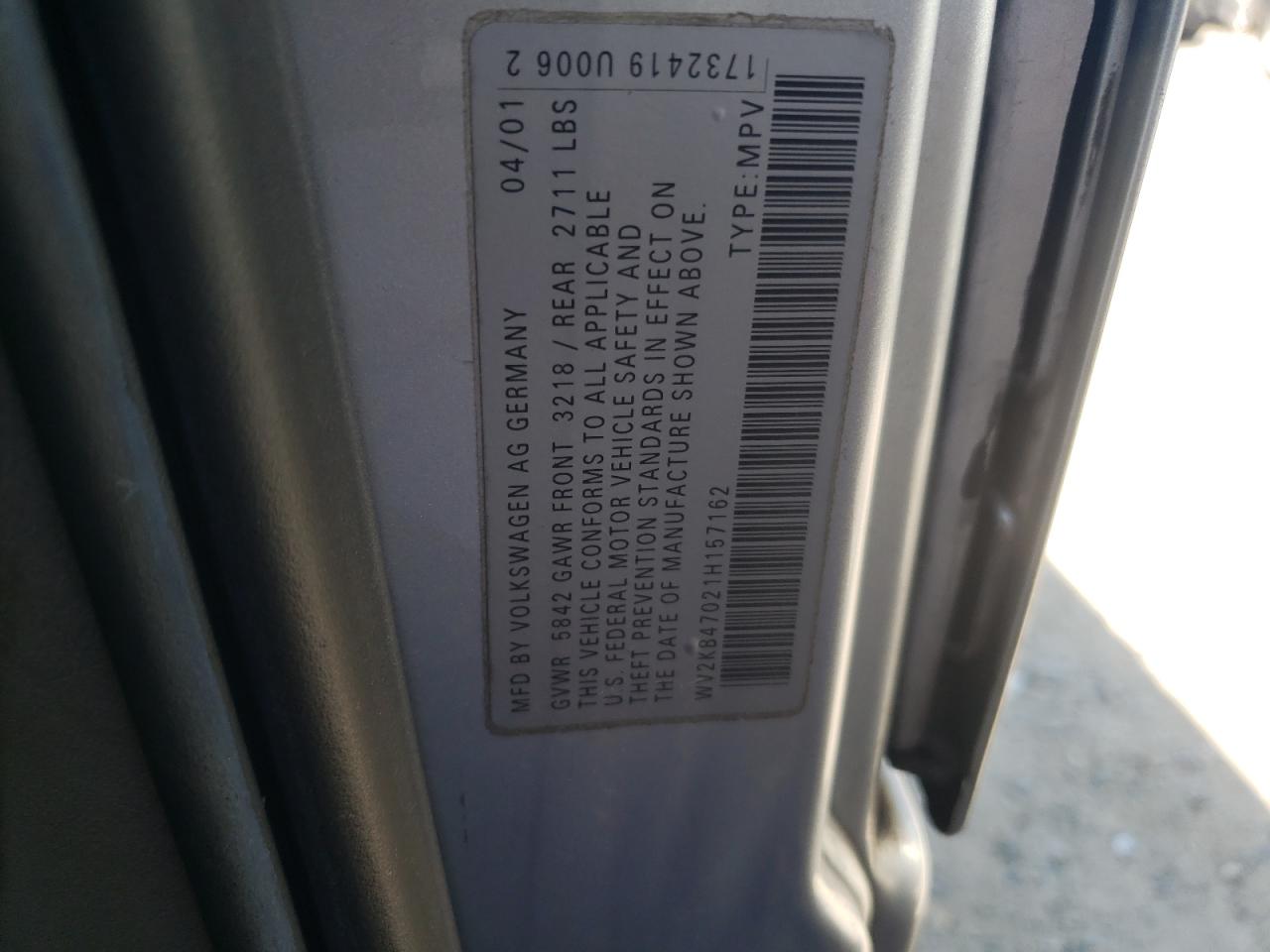 WV2KB47021H157162 2001 Volkswagen Eurovan Gls